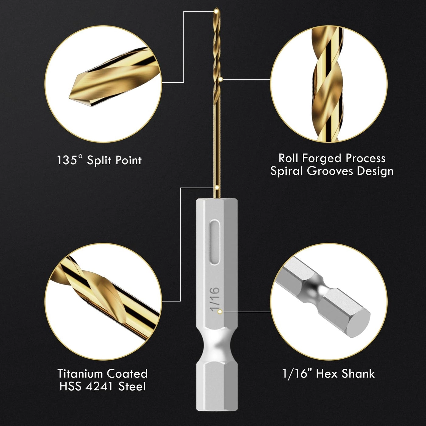 Hex Shank Drill Bit Set - Titanium Coating 16Pcs 1/8""