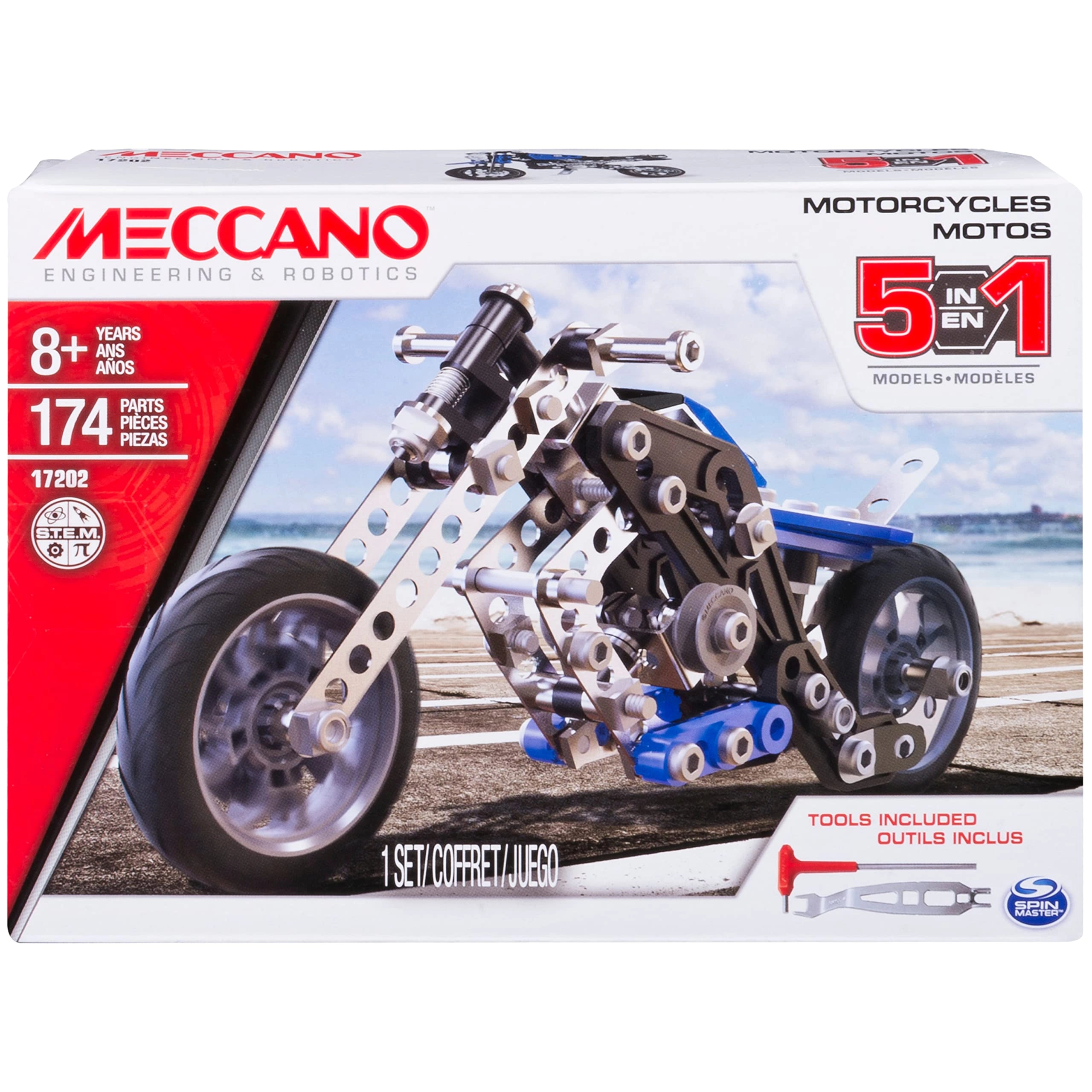 Meccano 5-in-1 Model Motorcycles Set - 174 pcs for ages 8+