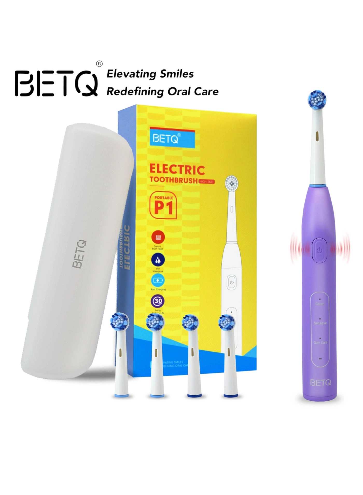 BETQ P1 - Portable Series Rotary Electric Toothbrush Dupont Brush Heads*4 Travel Case Use Time > 30 Days