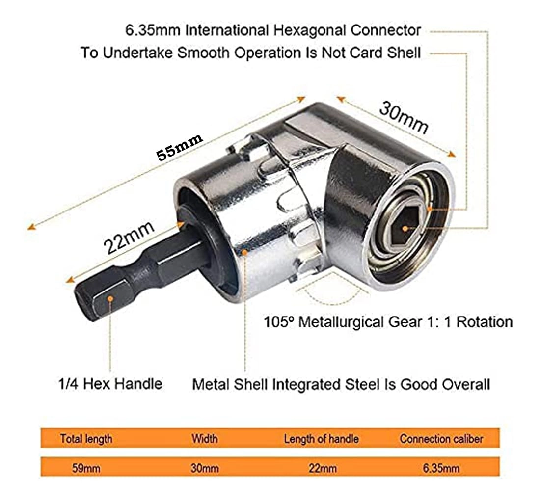 105° Right Angle Power Drill Adapter - Magnetic Bit Socket Quick Change Drive