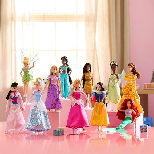 Snow White Doll + Cinderella Doll + Aurora Doll + Ariel Doll + Belle Doll + Jasmine Doll + Pocahontas Doll + Mulan Doll + Tiana Doll + Rapunzel Doll + Tinker Bell Doll - Ages 3+