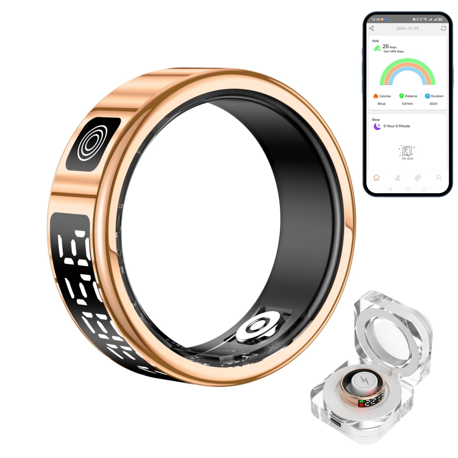Smart Fitness Ring - LED Display IP68 Silver Size 9