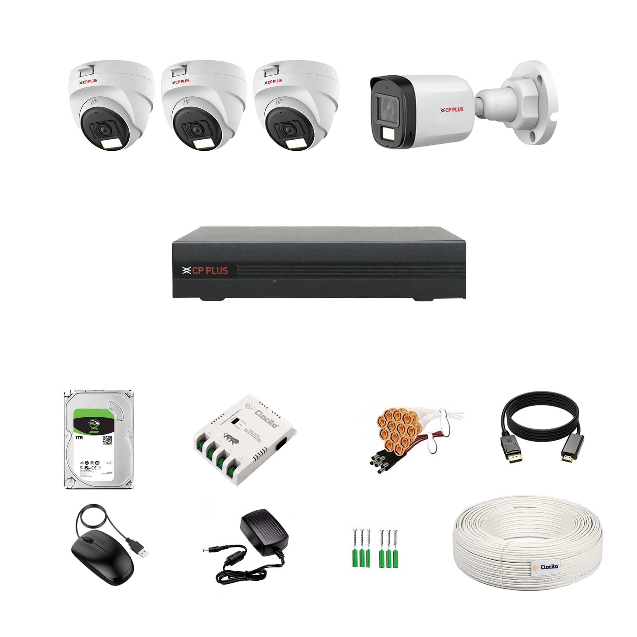 Aditya Infotech Ltd illumax 2.4MP 4 Channel DVR + 2.4MP 3 Dome & 1 Bullet Cameras + 1 TB HDD - 1 TB + 4 CH SMPS + CCTV Cable + BNC/DC