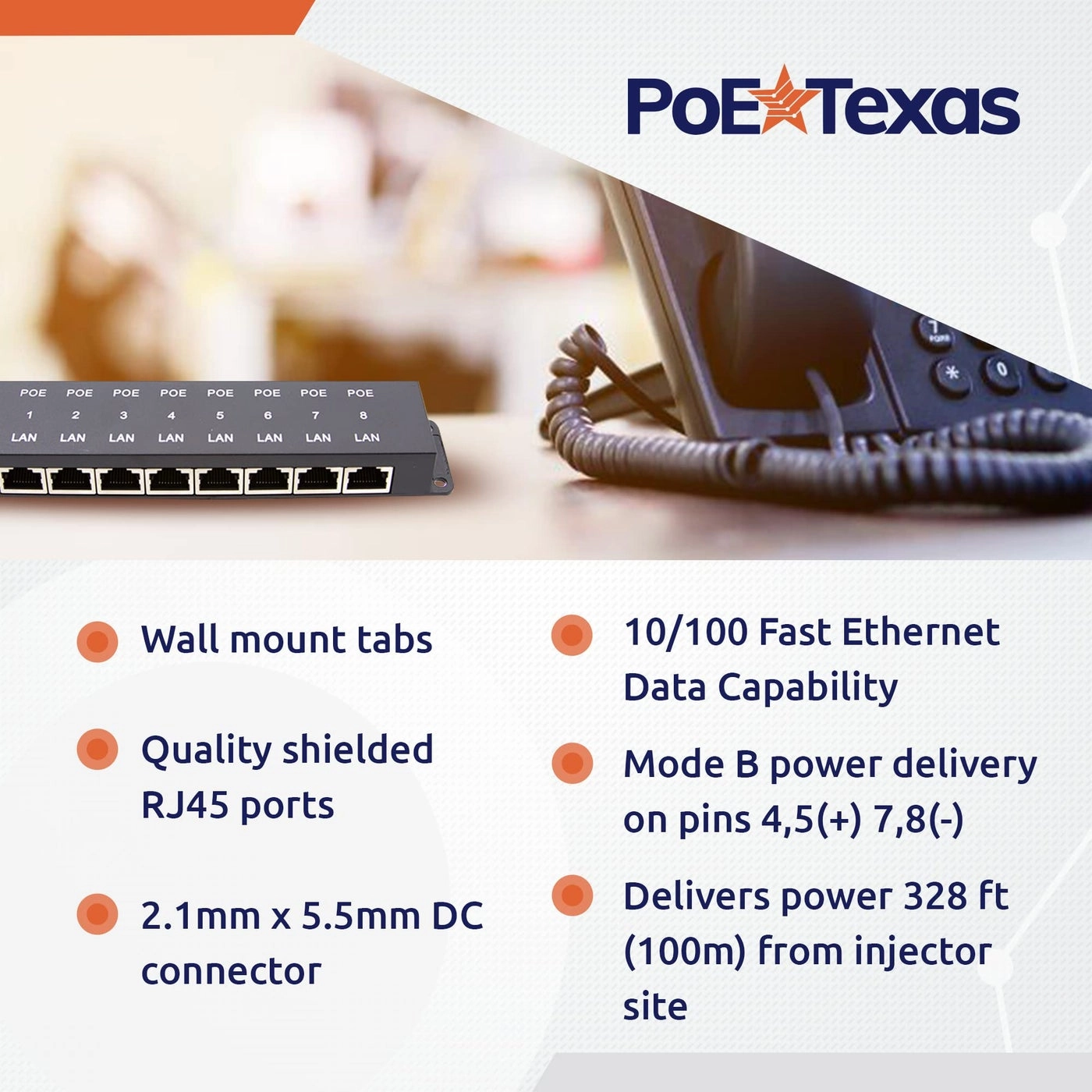 POE-8-48v60w - 48V 60W 8-Port 802.3af 802.3at 10/100 Mbps