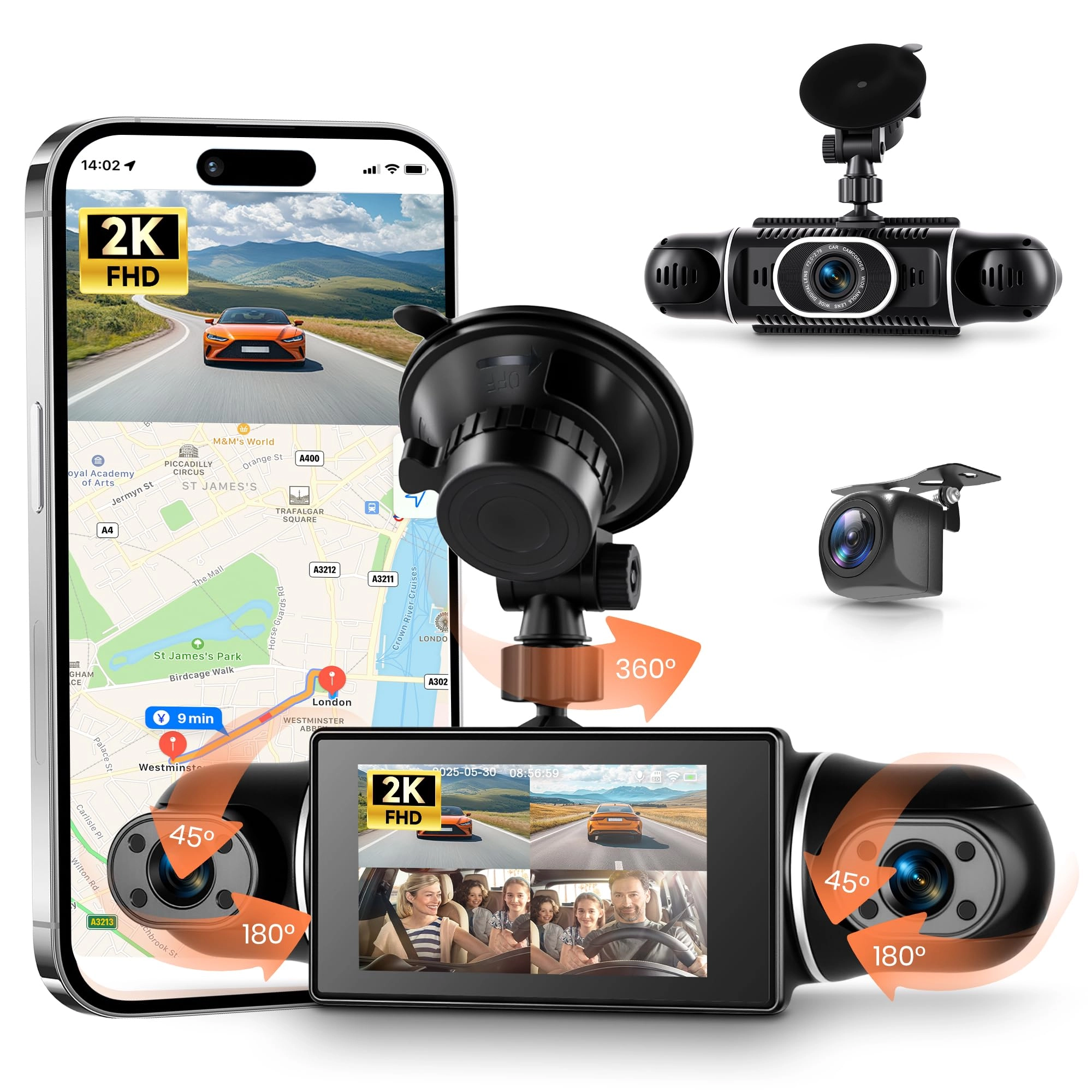 360° 4 Channel Dash Cam - 2K + 1080P