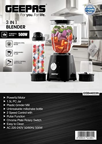 GSB44033 - 3-in-1 Blender, 2-Speed with Pulse, Stainless Steel Blade