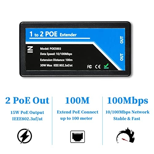 POE Extender - DC 48-57V 15.4 Watts Max 2 RJ45 port IEEE 802.3af/at 10/100Mbps 30 Watts Max