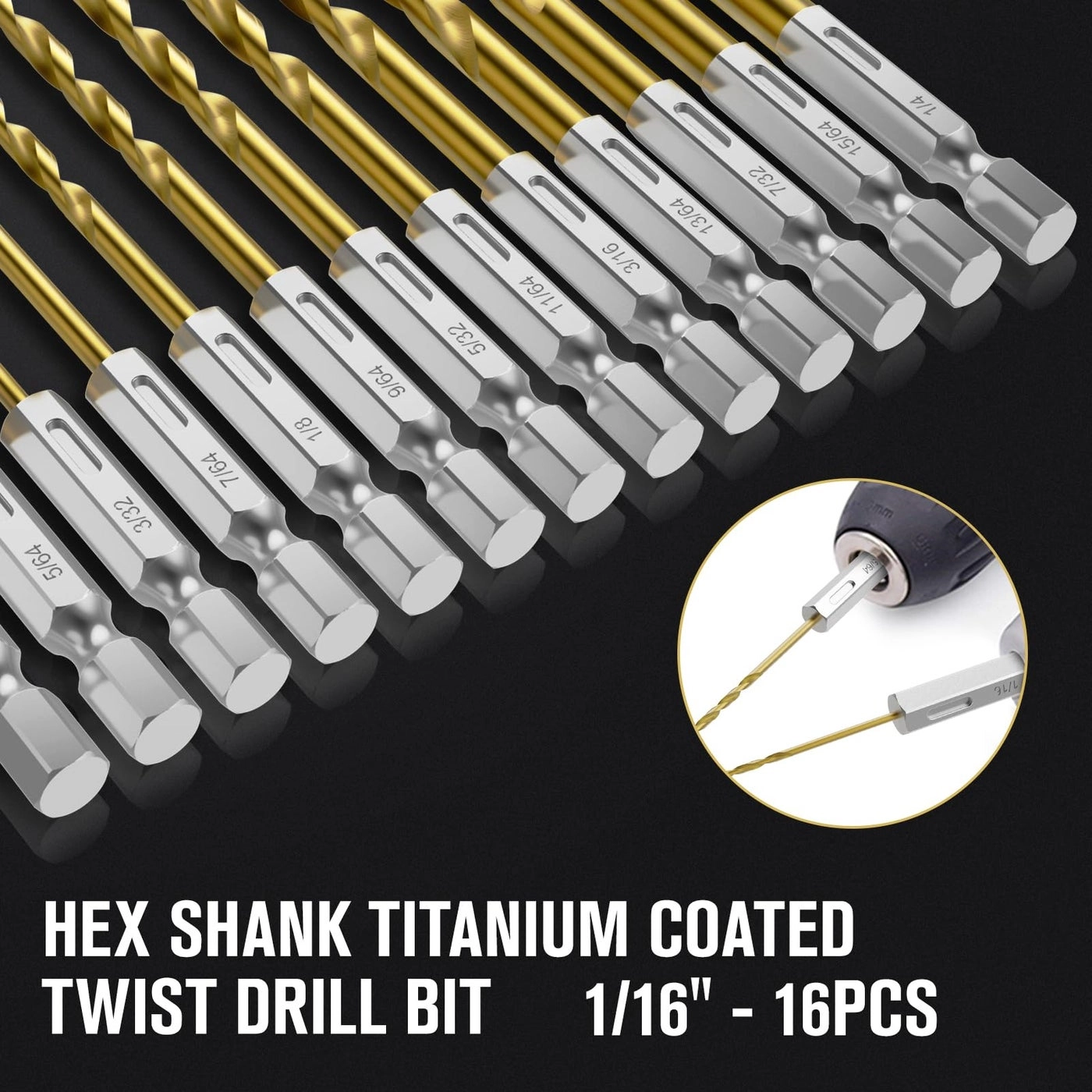 Hex Shank Drill Bit Set - Titanium Coating 16Pcs 1/8""