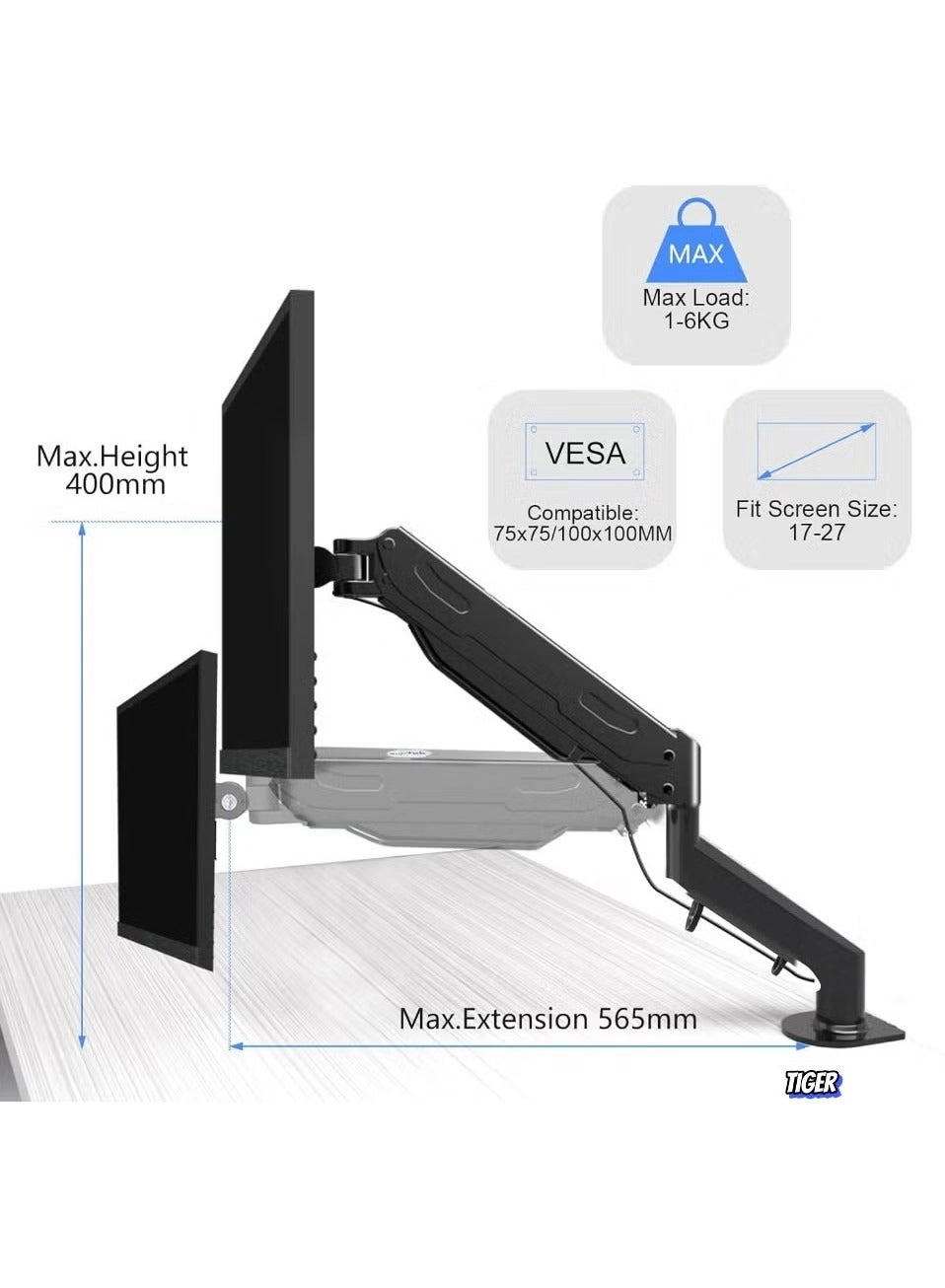 Single Monitor Mount - Gas Spring Full Motion 17-27 Inch