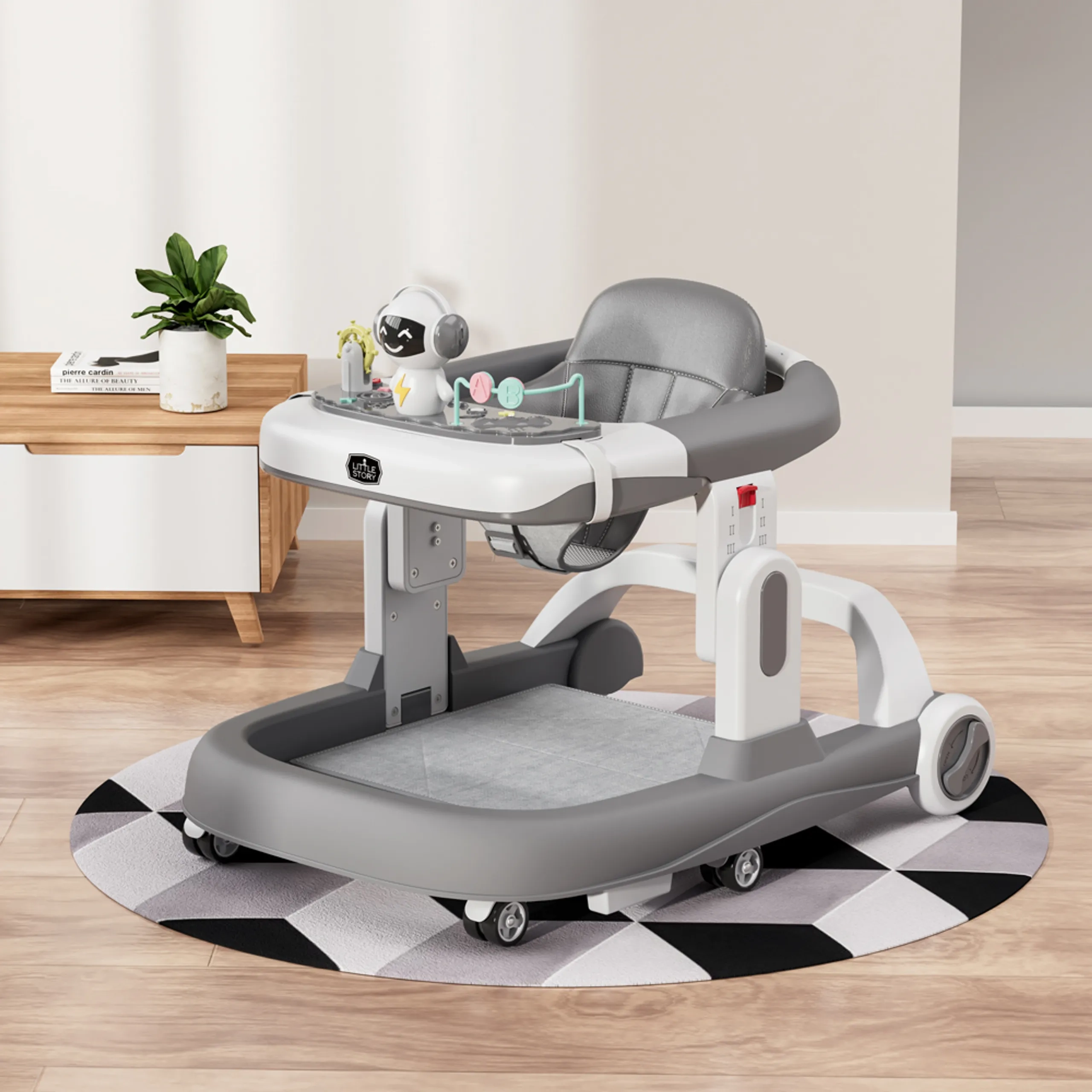 Adjustable Baby Walker - Grey Foldable 6-Wheel
