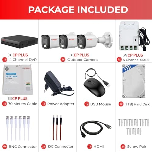 4 Channel Turbo HD DVR + 2 MP Outdoor CCTV Camera + 4 Channel Power Supply + Cable + Hard Drive - 1 TB + BNC & DC Connectors + HDMI Cable