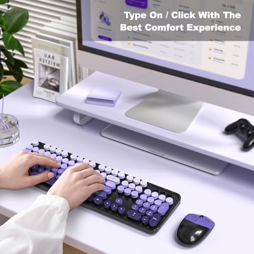 Wireless Keyboard and Mouse Combo - Typewriter Round Retro Wireless