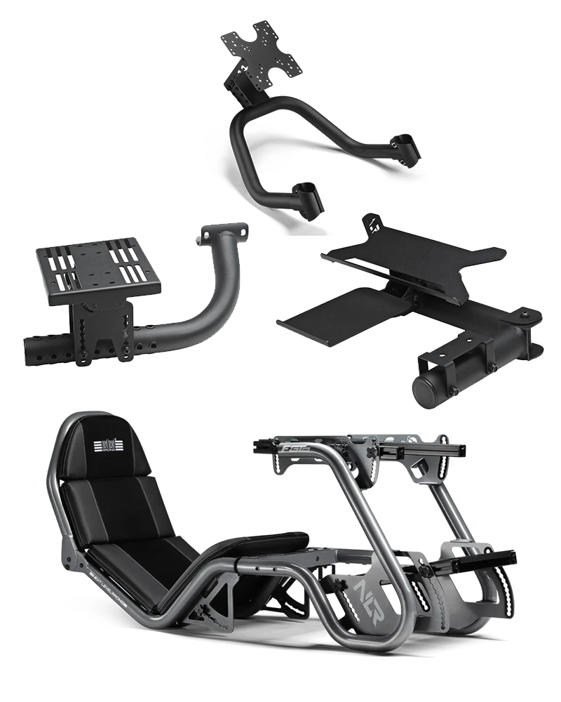 Next Level Racing F-GT Pro Formula and GT Racing Cockpit - Grey Edition + F-GT Pro Direct Monitor Mount + F-GT Pro Shifter and Handbrake Arm Add-on + F-GT Pro Direct Keyboard and Mouse Tray