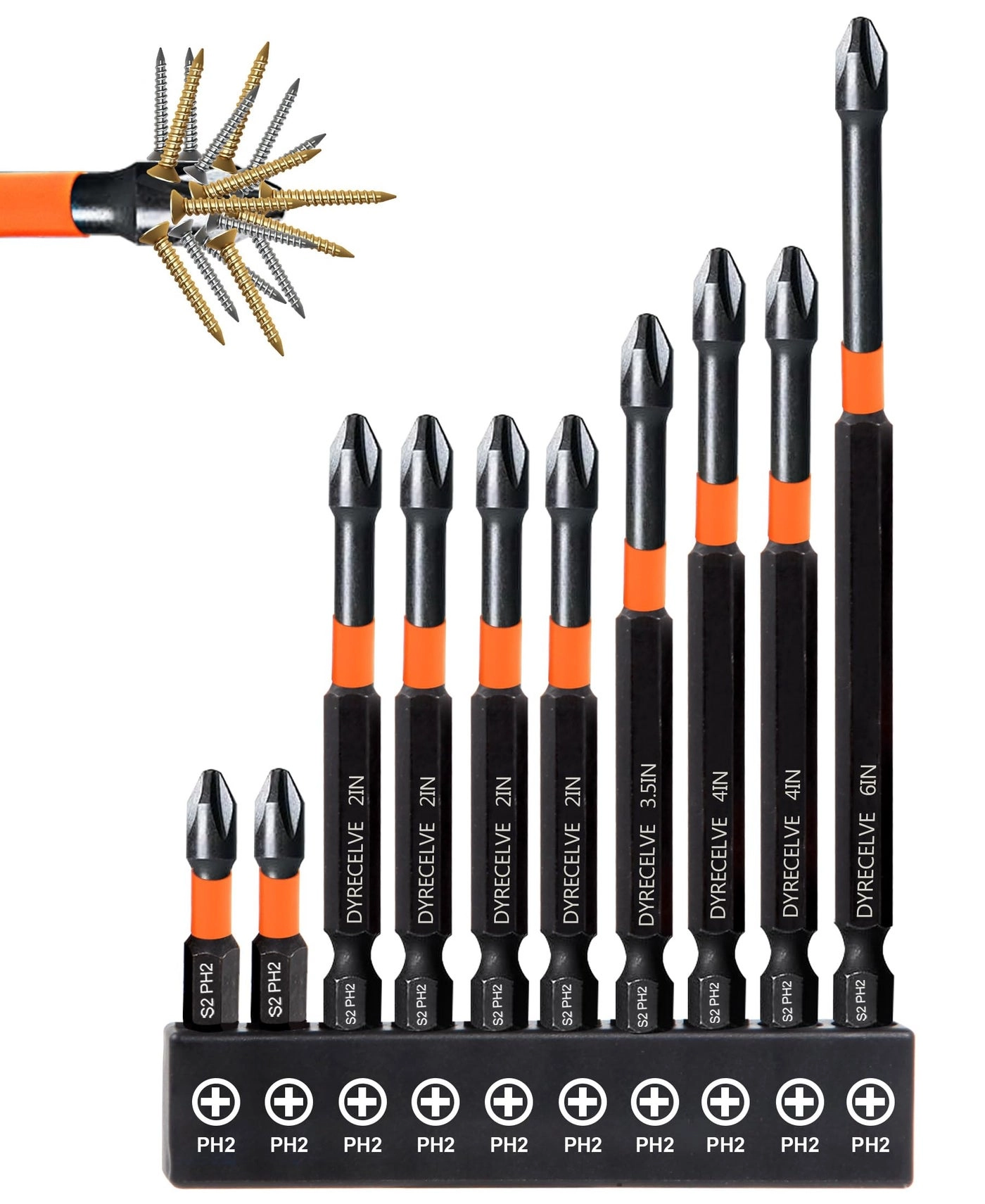 DYRECELVE Phillips Bits #2 - 10-Pack Impact Magnetic 1-Inch to 6-Inch