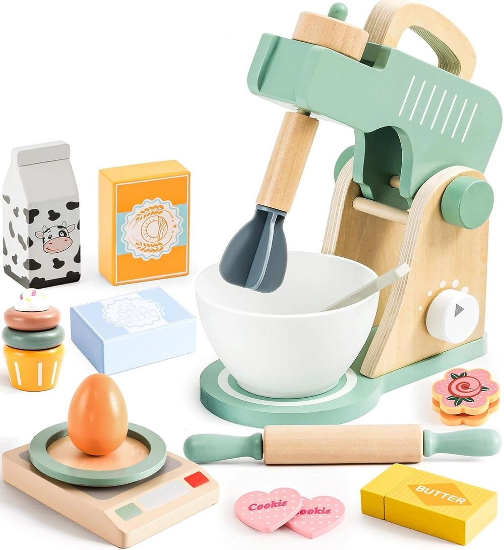 Little Angel Kids Wooden Stand Mixer Baking Pretend Playset - 14pcs (5551007-KABI-0152)