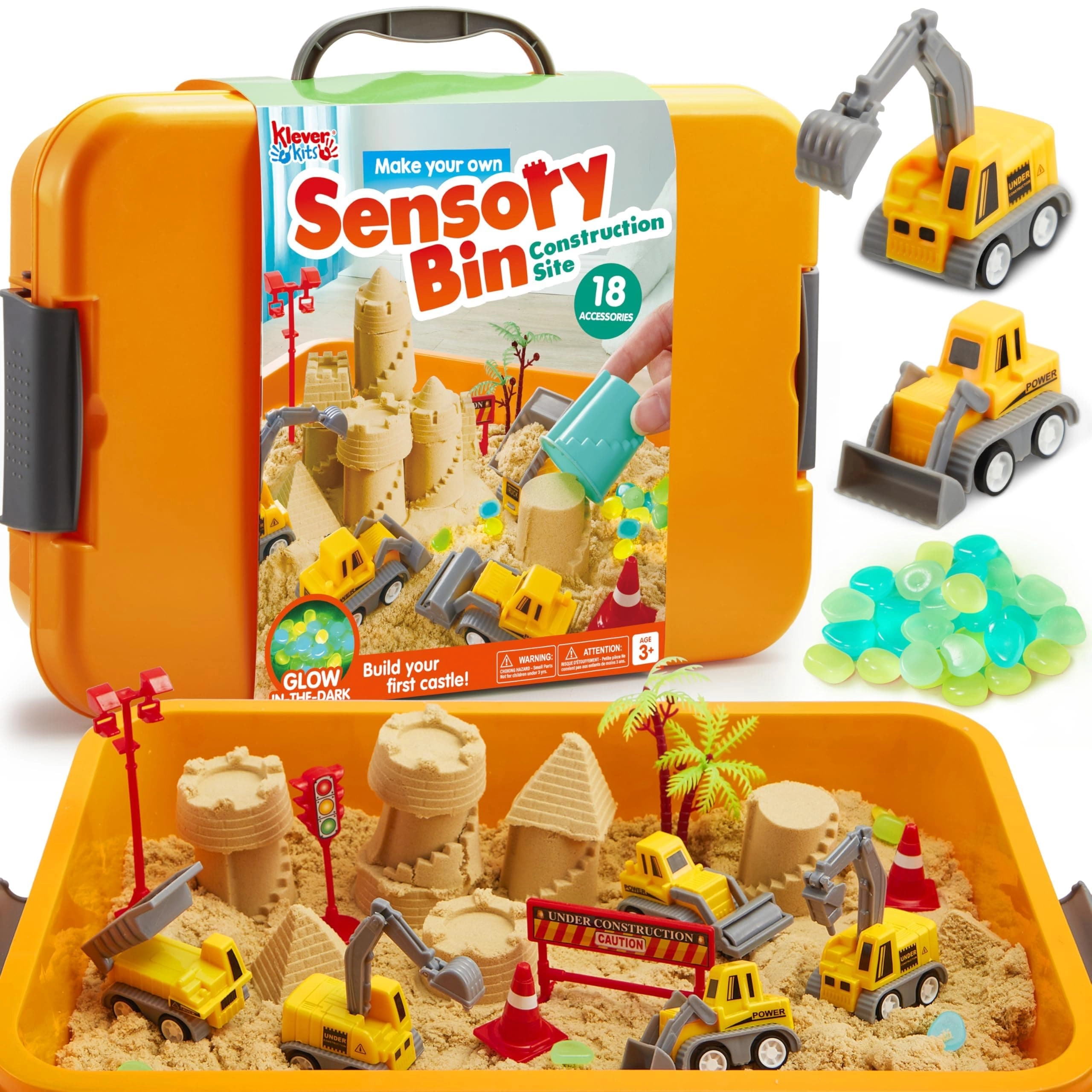 MZA STORES Construction Sensory Bin - Glow-in-the-Dark Sandbox with Lid