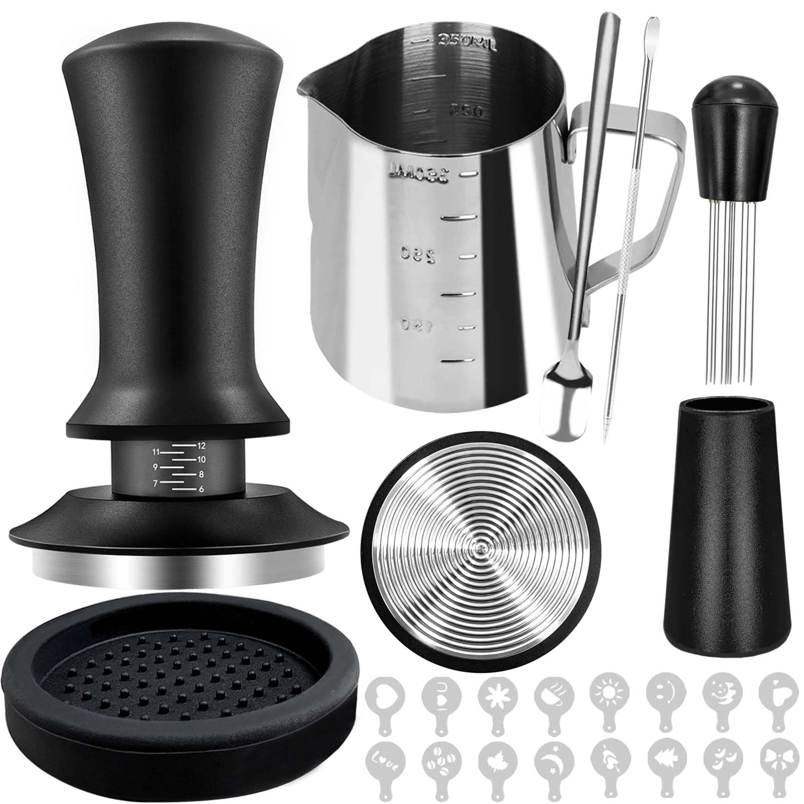 hahago Espresso Tamper - 51mm + WDT Tool + Frothing Pitcher - 350ml + Latte Art Pen + Coffee Stirrer + Tamper Mat + Coffee Stencils - 16pcs