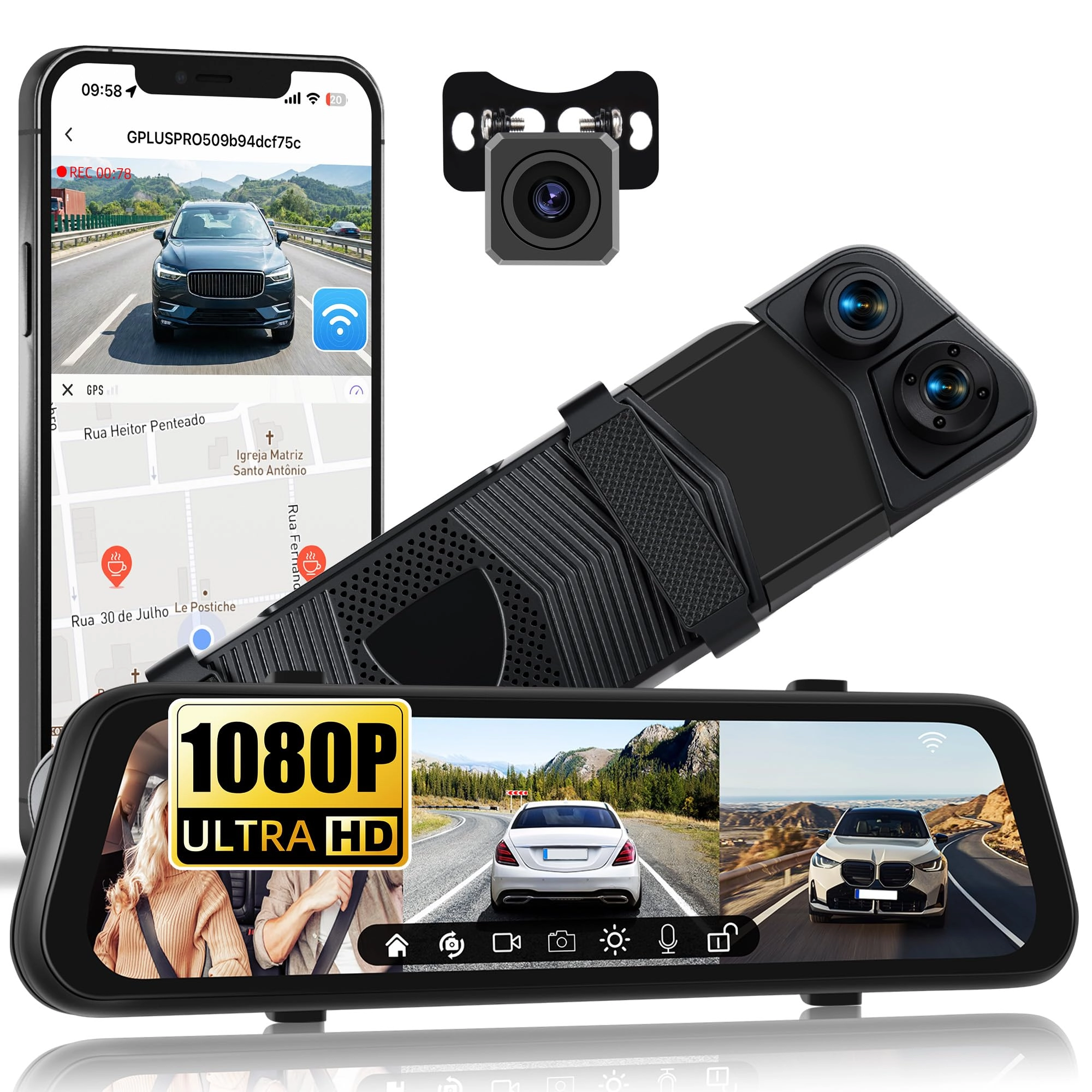 SIXWIN 1080P 3 Channel Mirror Dashcam