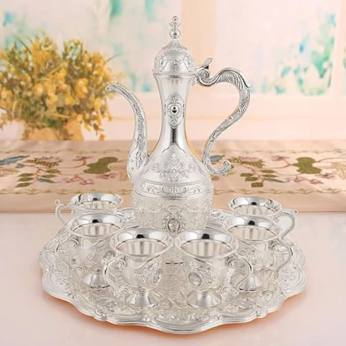 Turkish Coffee Pot Set - Alloy 6 Cups Silver