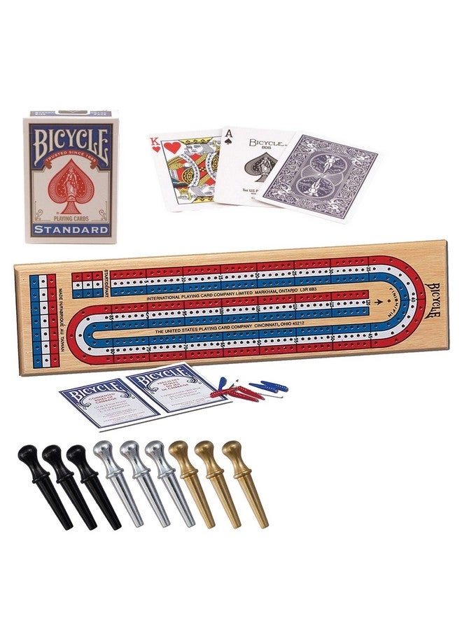 Cribbage Board - 3-Track Colour Coded Real Pine + Deck of Cards + Cribbage Pegs - Metal