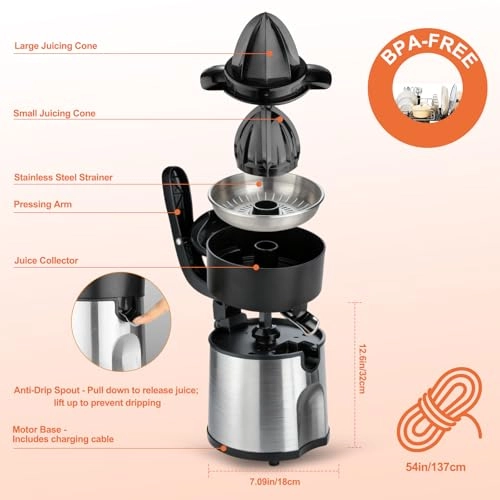 Electric Citrus Press - 2 Removable Cones Dishwasher Safe