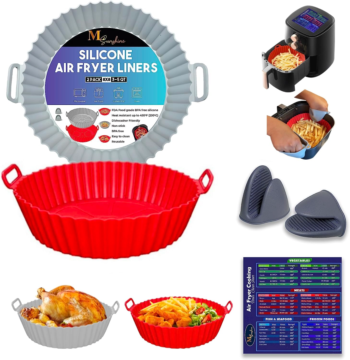 ML Sunshine Air Fryer Silicone Liner - 2Pcs Silicone + Mitten - 1Pc + Magnetic Time Chart - 1Pc