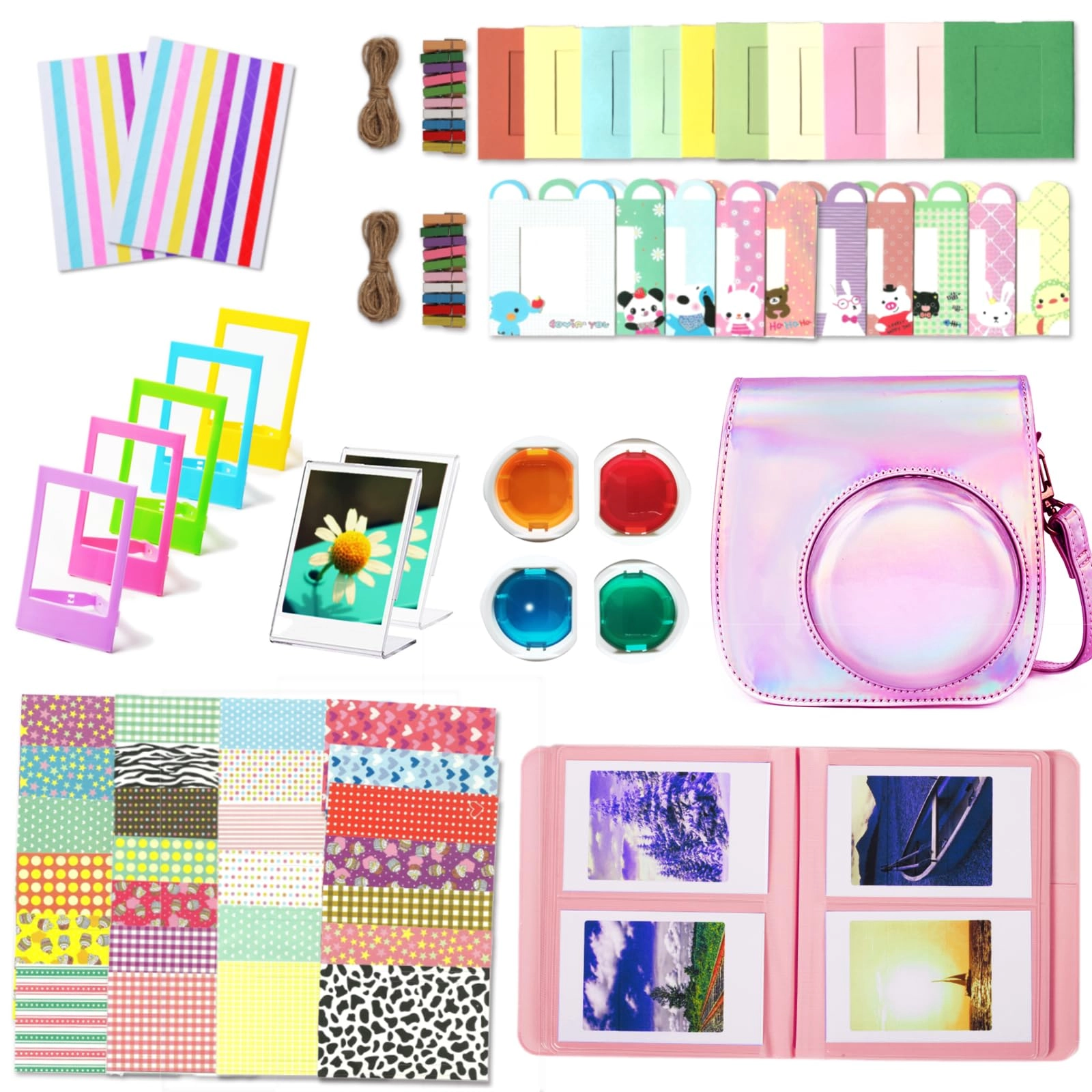 Camera case - Magic Blue + Mini Album - 64 Pockets + Close-up lens - Self-portrait mirror + Color Filters - 4 Colors + Photo frame - 5 Colors + Hanging Photo frame + Sticker Borders + Corner Sticker + Card Making Pen