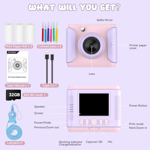 Instant Print Camera - 2.4 Inch Screen 1080P
