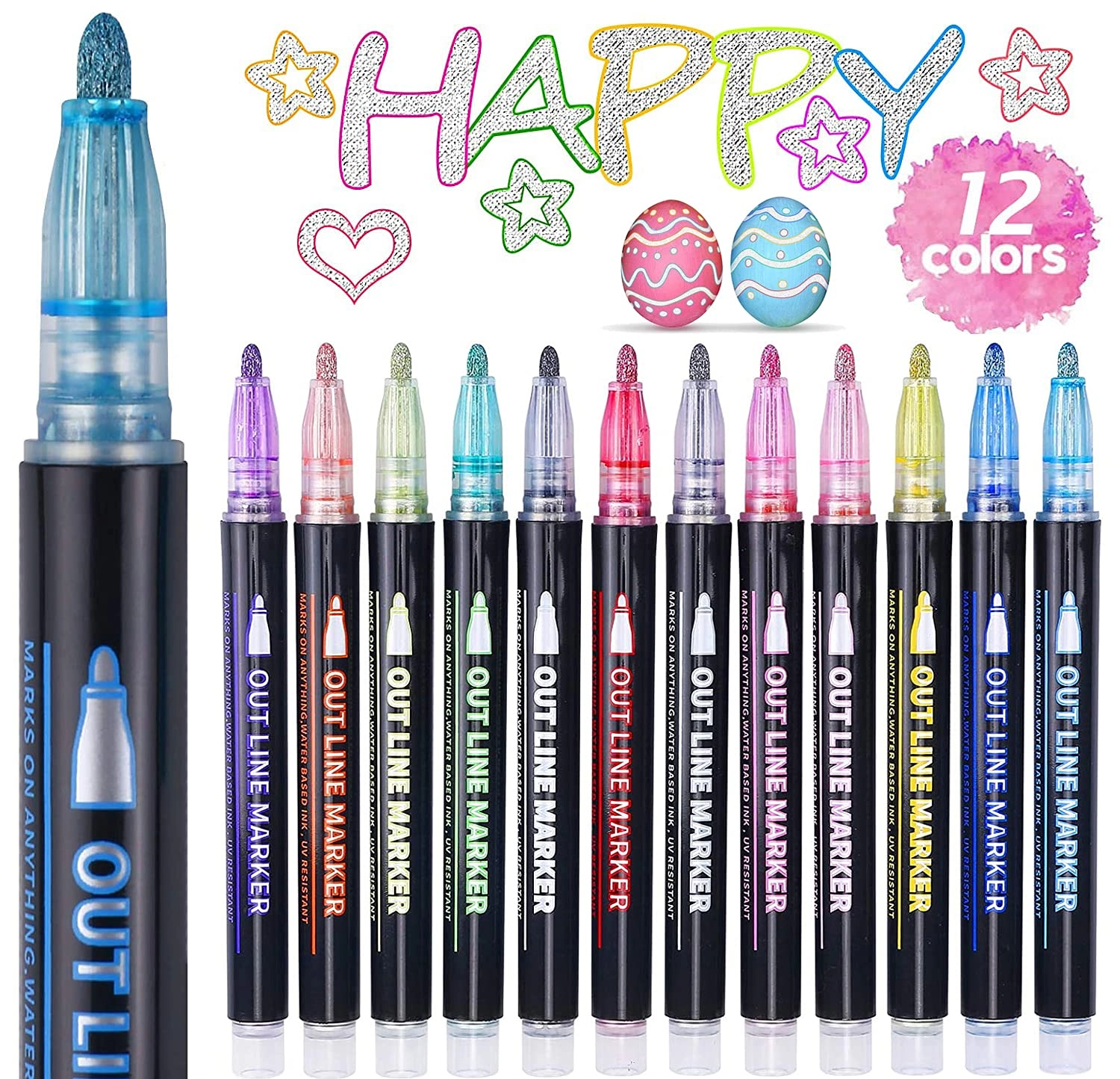 Outline Marker Pens - 12 metallic glitter colours Dual Fibre