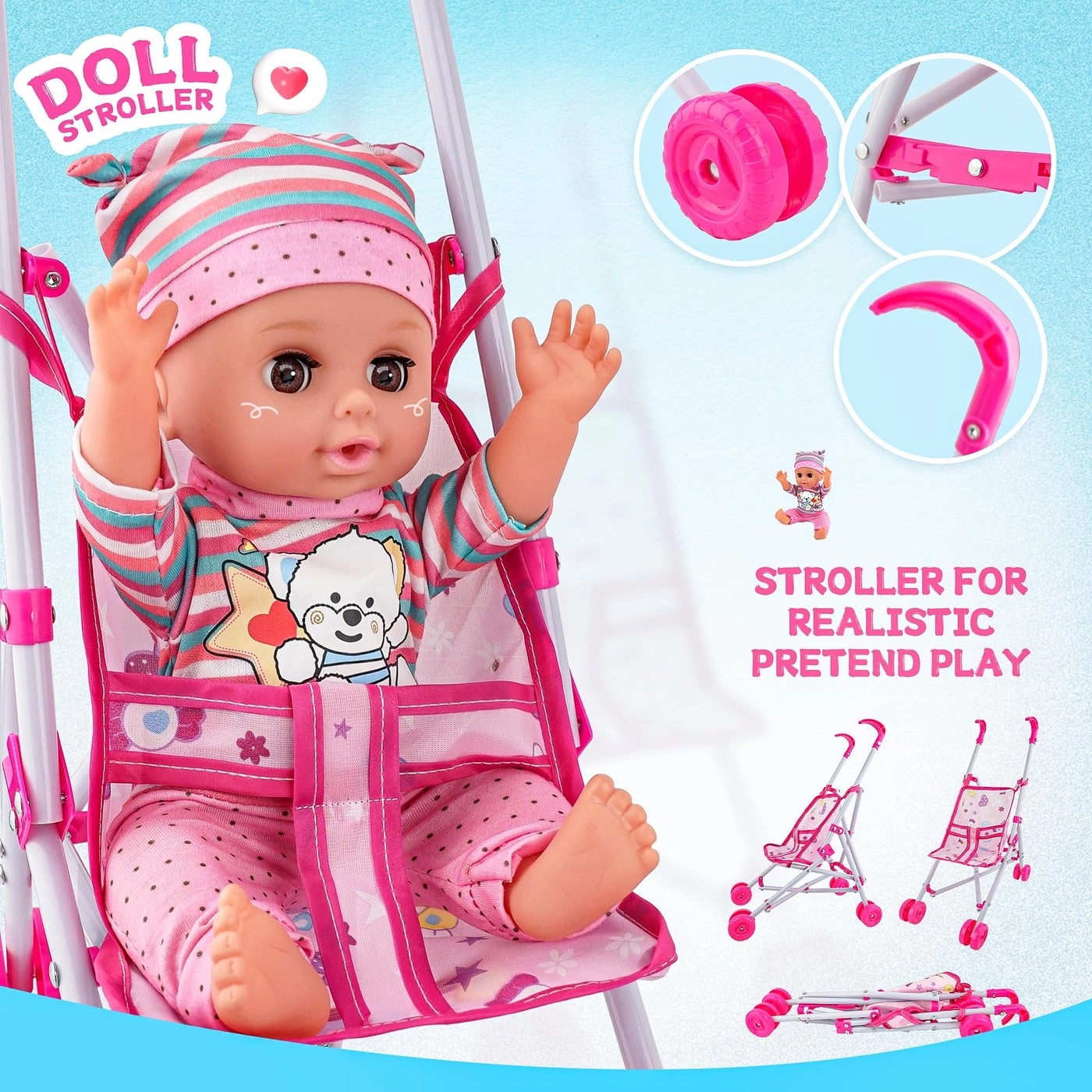 Baby Doll - 14Inch Soft Body + Stroller - Metal Foldable