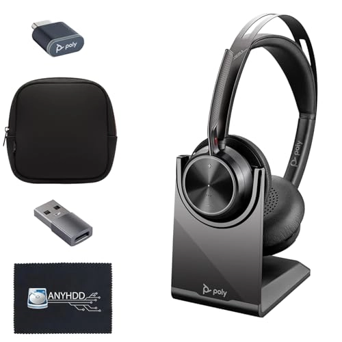 Voyager Focus 2 - Wireless Headset + Charge Stand + USB-C to A Adapter + USB Dongle + Pouch + Microfiber Cloth