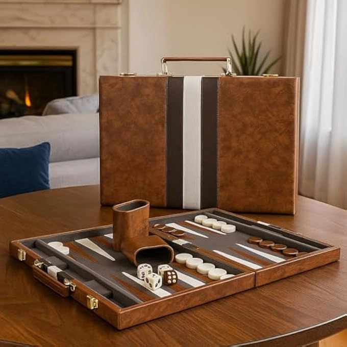Backgammon Set - Folding Board Leather Case Portable