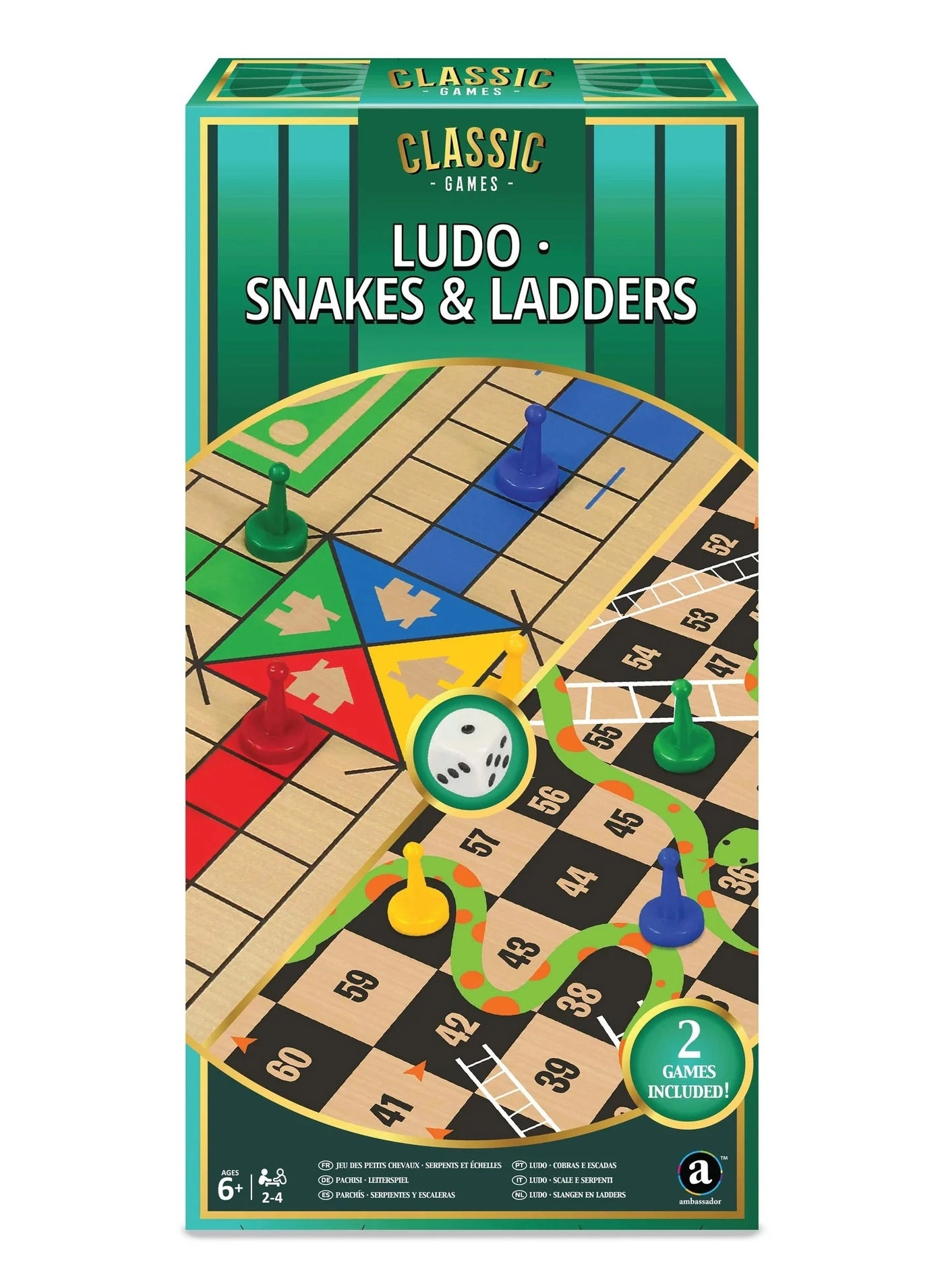 Merchant Ambassador 2-in-1 Ludo, Snakes & Ladders - Multicolour Double-sided folding playing board 16 Game pieces