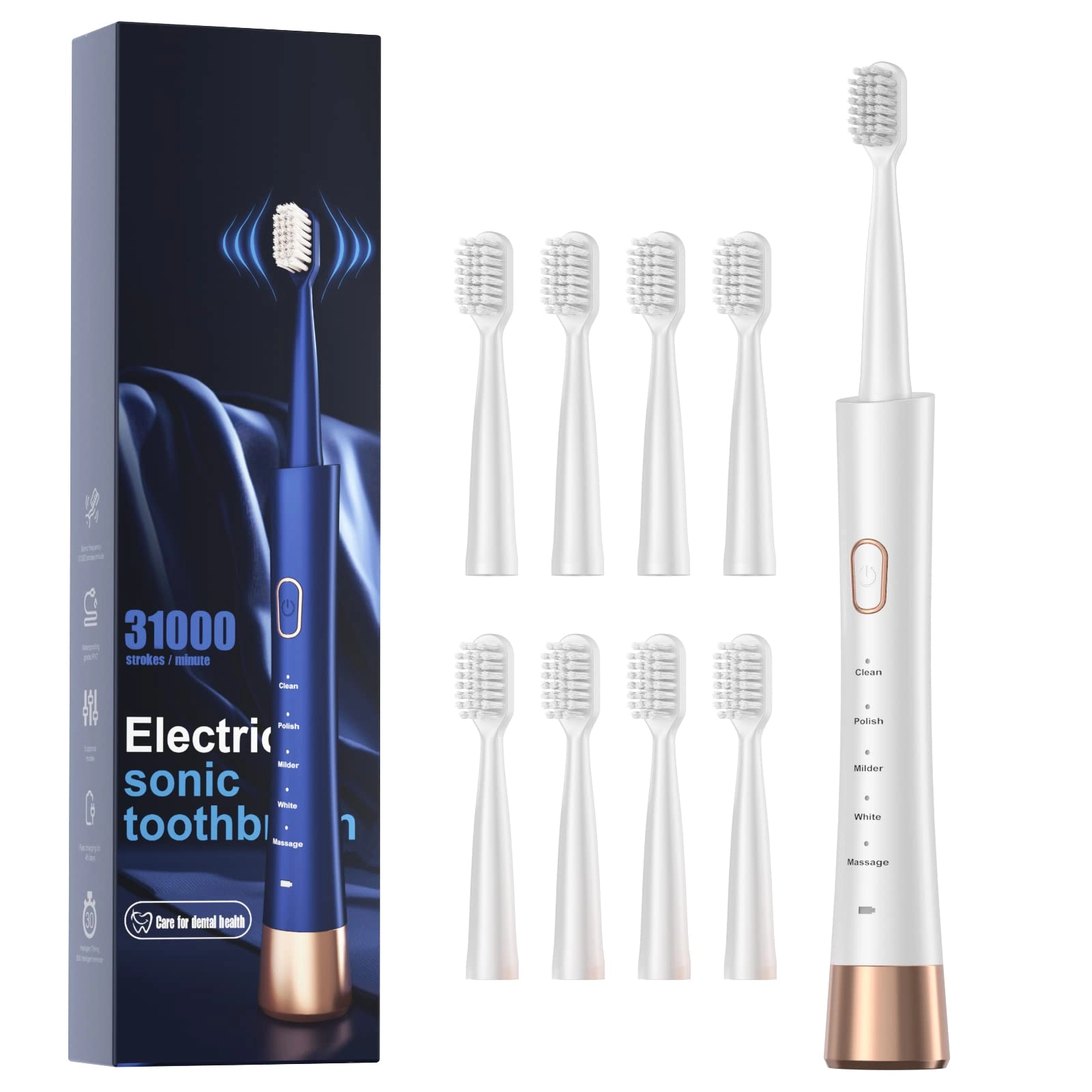 AJELU Sonic Electric Toothbrush - 2 Minutes Smart Timer 5 Optional Modes 8 Brush Heads