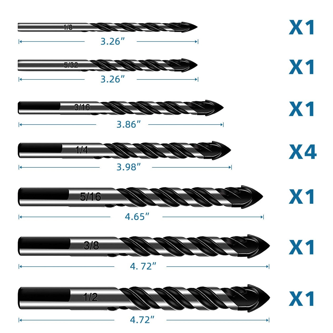 Masonry Drill Bits - Carbide 10-Piece 5/32 to 1/2 inch