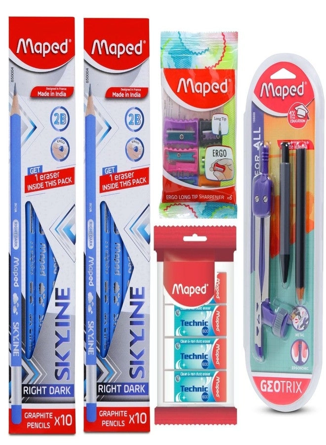 Maped All in One Stationery Kit + Skyline Wooden Pencils - 2pack + Jumbo size eraser - 4pcs + Ergo Tip Sharpener - 6pcs + Geotrix Compass - Wooden & Mechanical Pencil + Mechanical Pencil + BTS essential kit