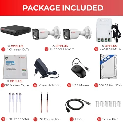 4 Channel Turbo HD DVR + 2 MP Outdoor CCTV Camera + 4 Channel Power Supply + 70 Meters Cable + HARD DRIVE - 500 GB + BNC & DC Connectors + HDMI Cable