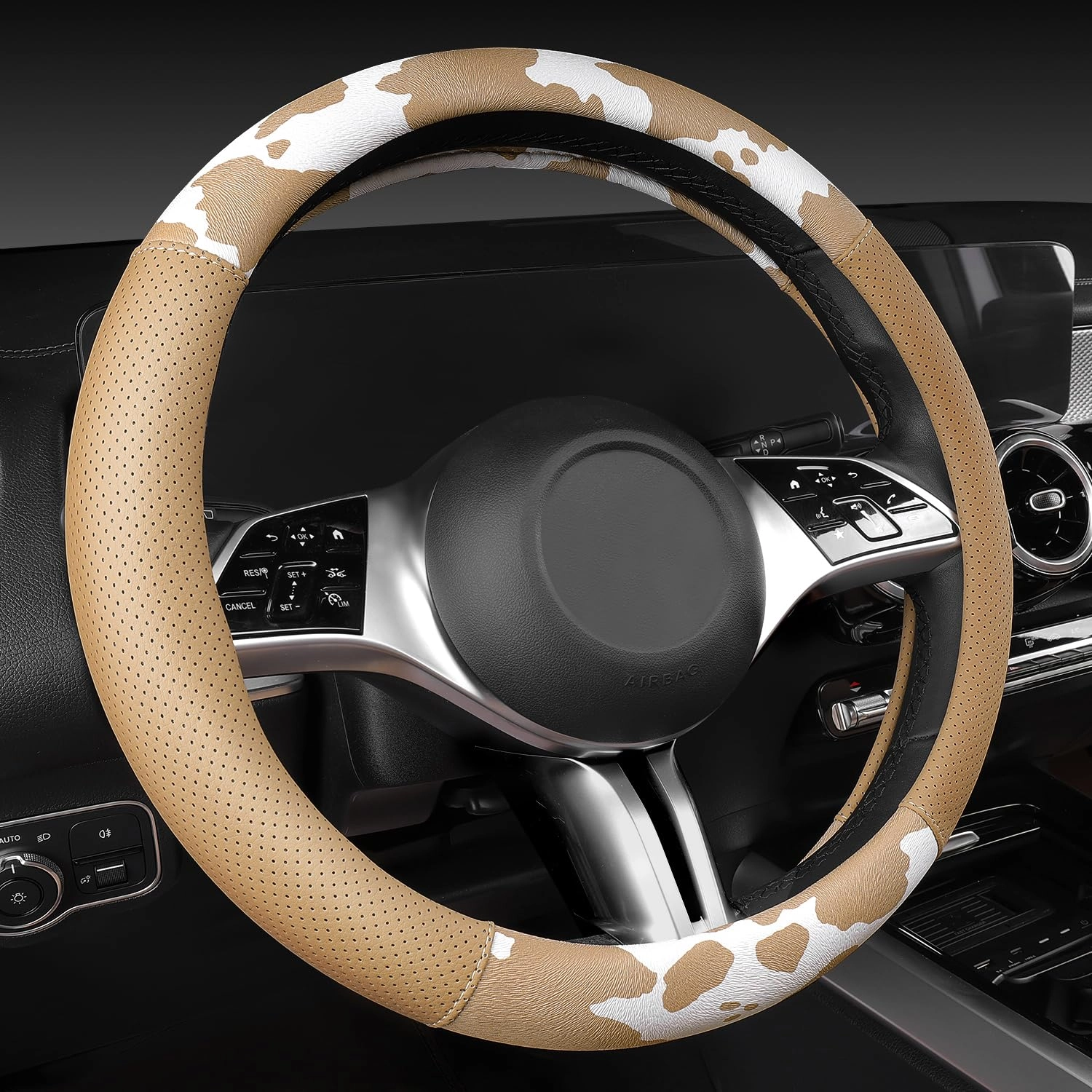 Car Seat Covers - Air Mesh Leather + Car Floor Mats - Waterproof + Steering Wheel Cover - Sporty