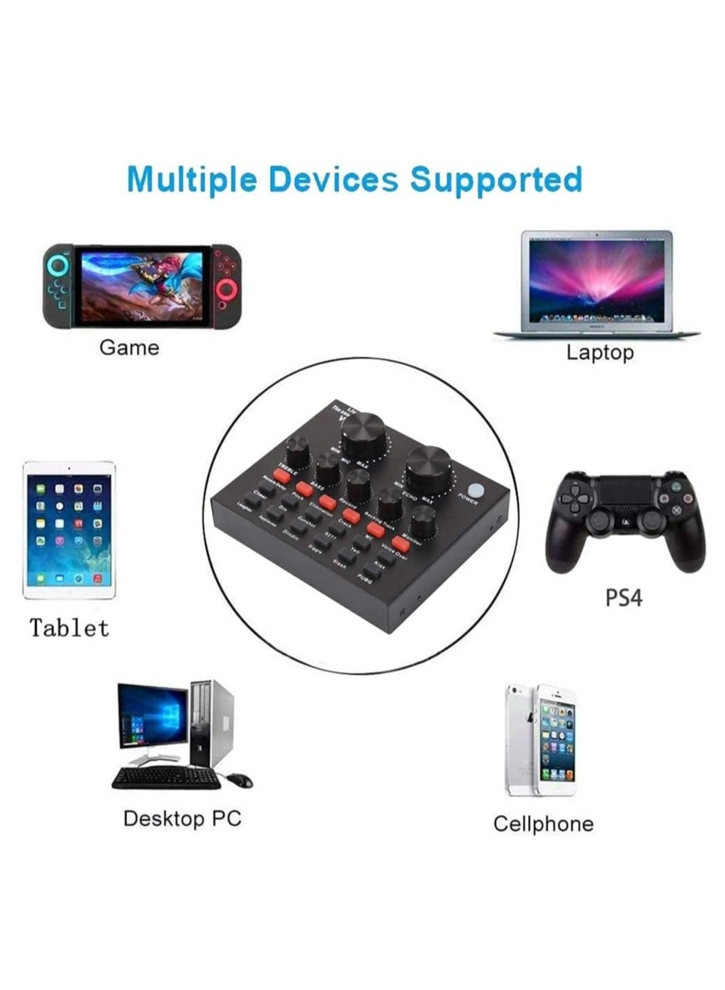 Microphone + Microphone Cable + Microphone Covers + Microphone Stand + Shock Mount + Double Layer Acoustic Filter + Live Sound Card + USB Cable + Audio Cables + Table Mount Clamp