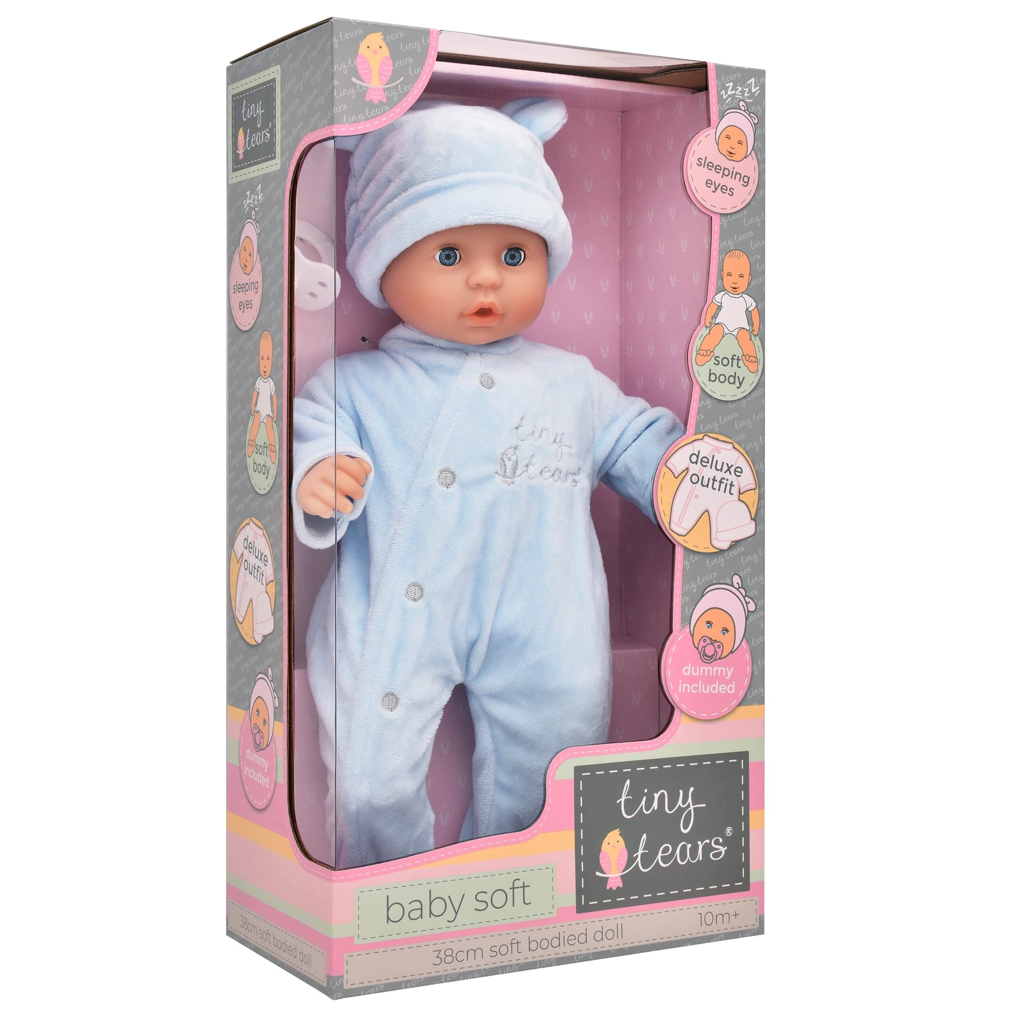 John Adams Tiny Tears Baby Soft - 38cm soft bodied sleeping eyes deluxe blue outfit Ages 10m+