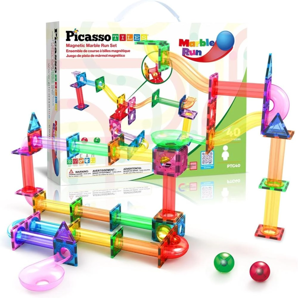 PicassoTiles Magnetic Marble Run - Multicolor 40 Pcs