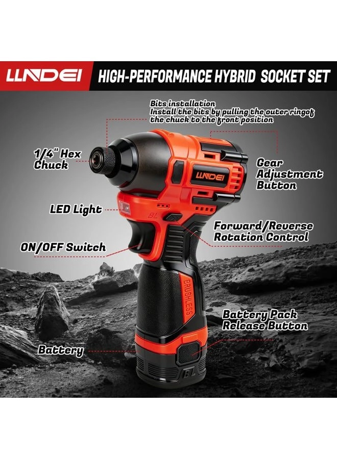 Brushless Power Drill Set - 2.0Ah + 1/4-Inch Drive Socket Set