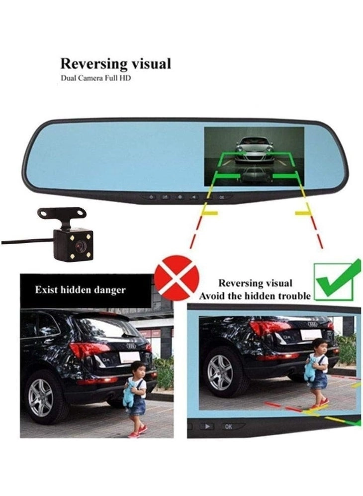 Dash Cam Rearview Mirror - 4.3 DVR Monitor Dual Camera G-Sensor