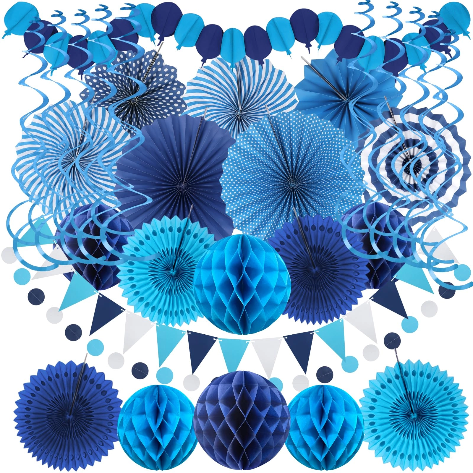 Paper Fan Honeycomb Ball Garland - 6 x Hanging Paper Fan 6 x Paper Honeycomb Ball 4 x Paper Hollow Fan 1 x Paper Balloon Garland 1 x Circle Paper Garland 10 x Hanging Swirl 1 x Triangular Pennant Anniversary