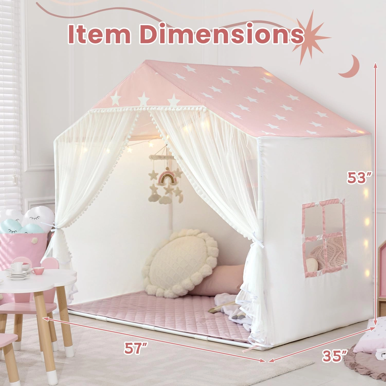 Kids Play Tent - 35.5 inches (W) x 57 inches (L) x 53 inches (H) Pink