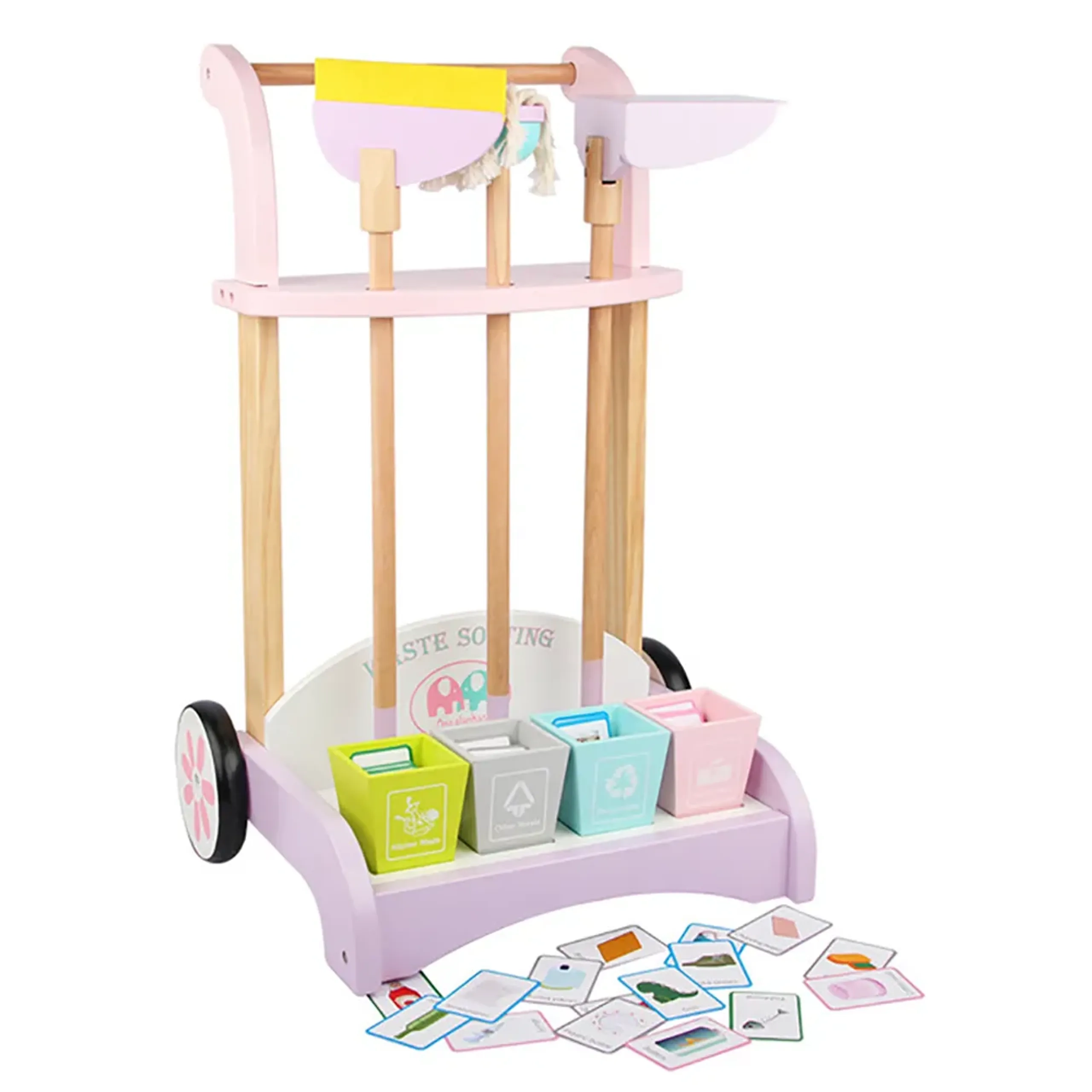 Factual Toys Kids Wooden Cleaning Trolley Toy Set - 40 cards (19188949-FT_MSN_19005)
