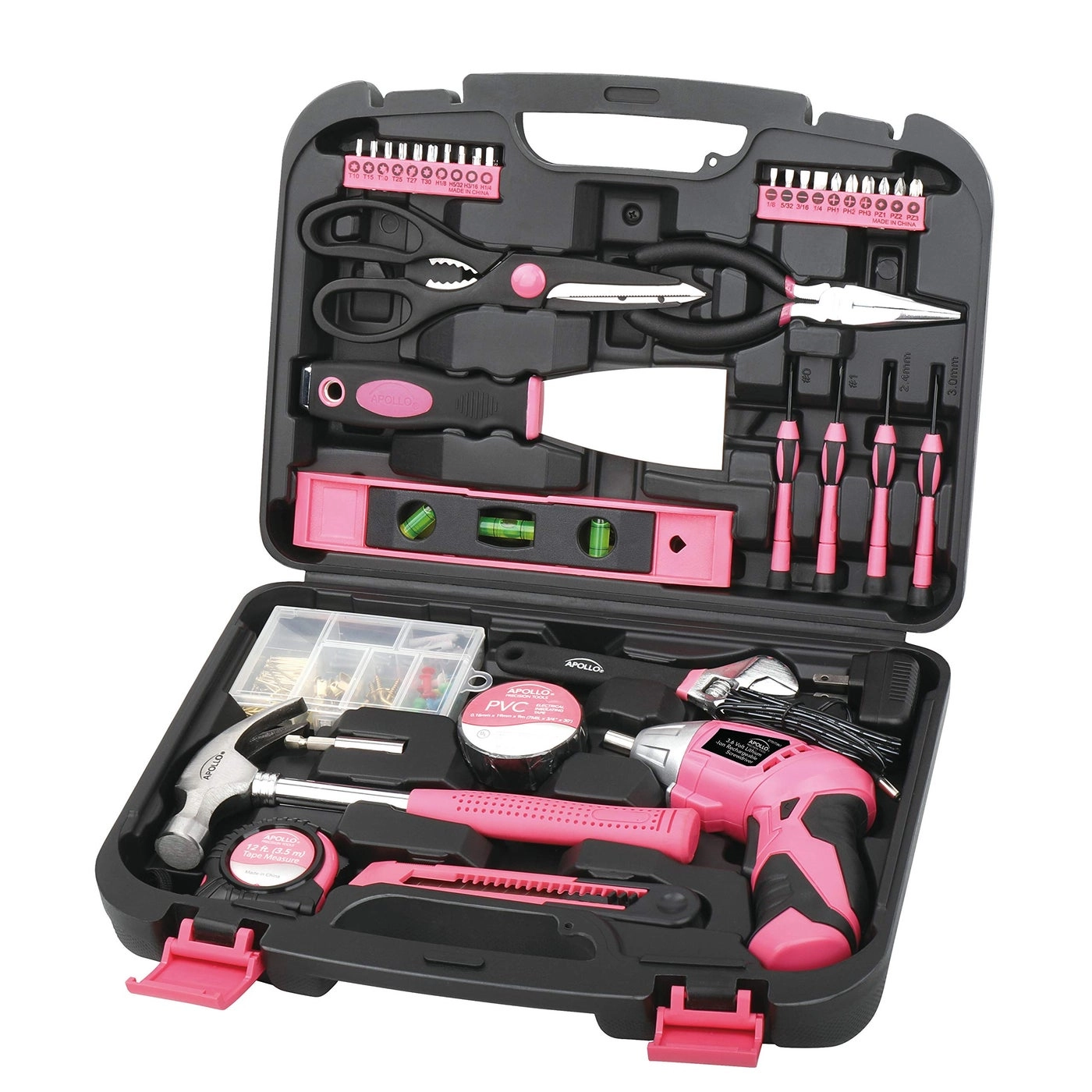 Apollo Household Hand Tools Set - 135 Piece Pink 3.6V Lithium-Ion Cordless Screwdriver