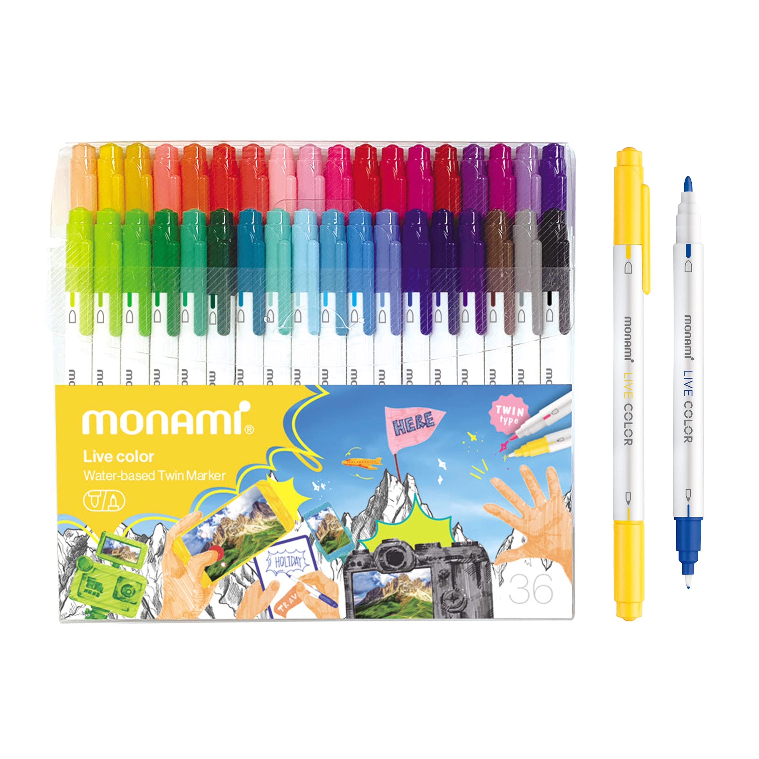 MON AMI Water-Based Twin Marker - Assorted 36C Pack (White Body) Fine & Bullet Dual Tip