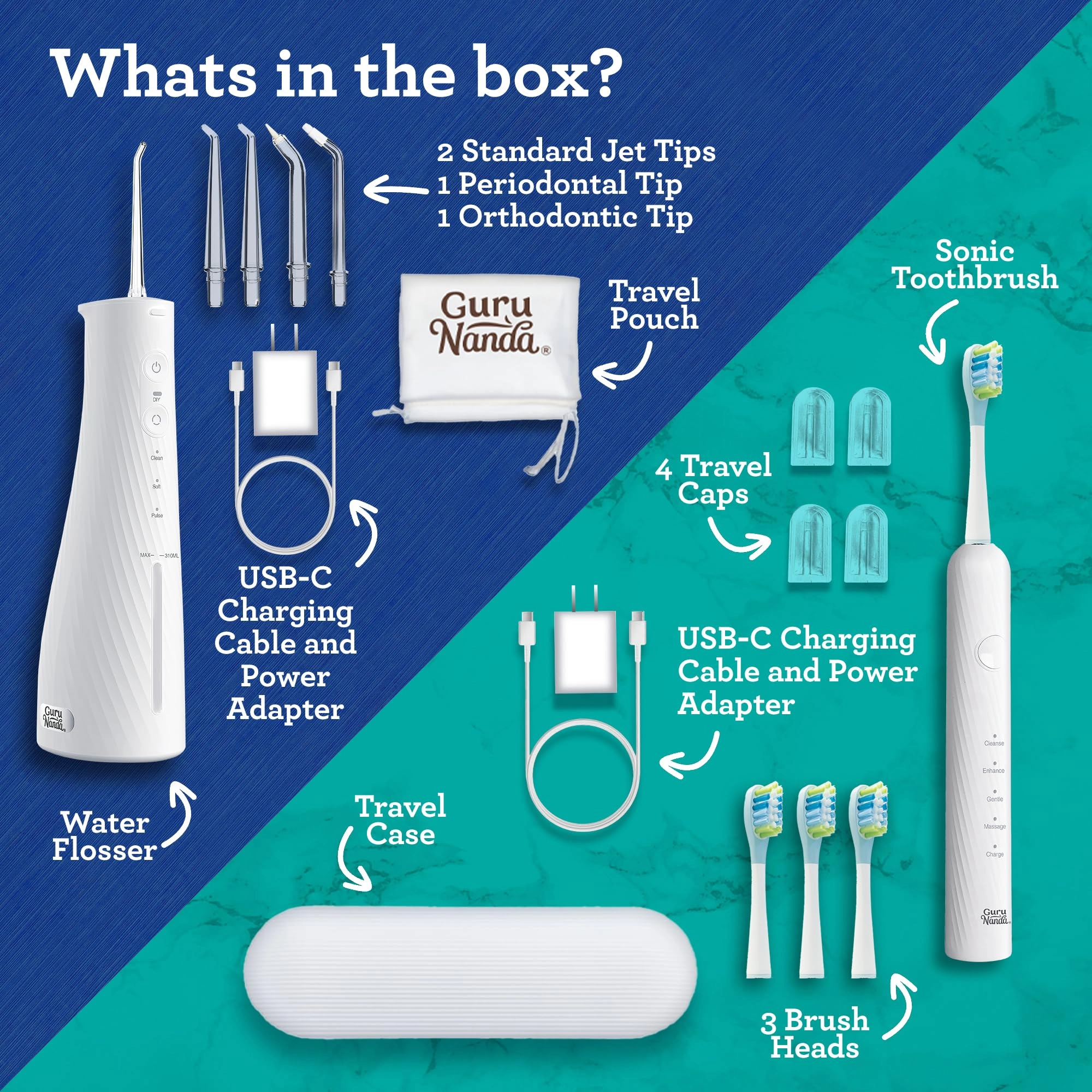 Lion & Lamb Kit 2.0 - 4 Brush Heads Lavender + Water Flosser - 4 Jet Tips IPX7 Waterproof