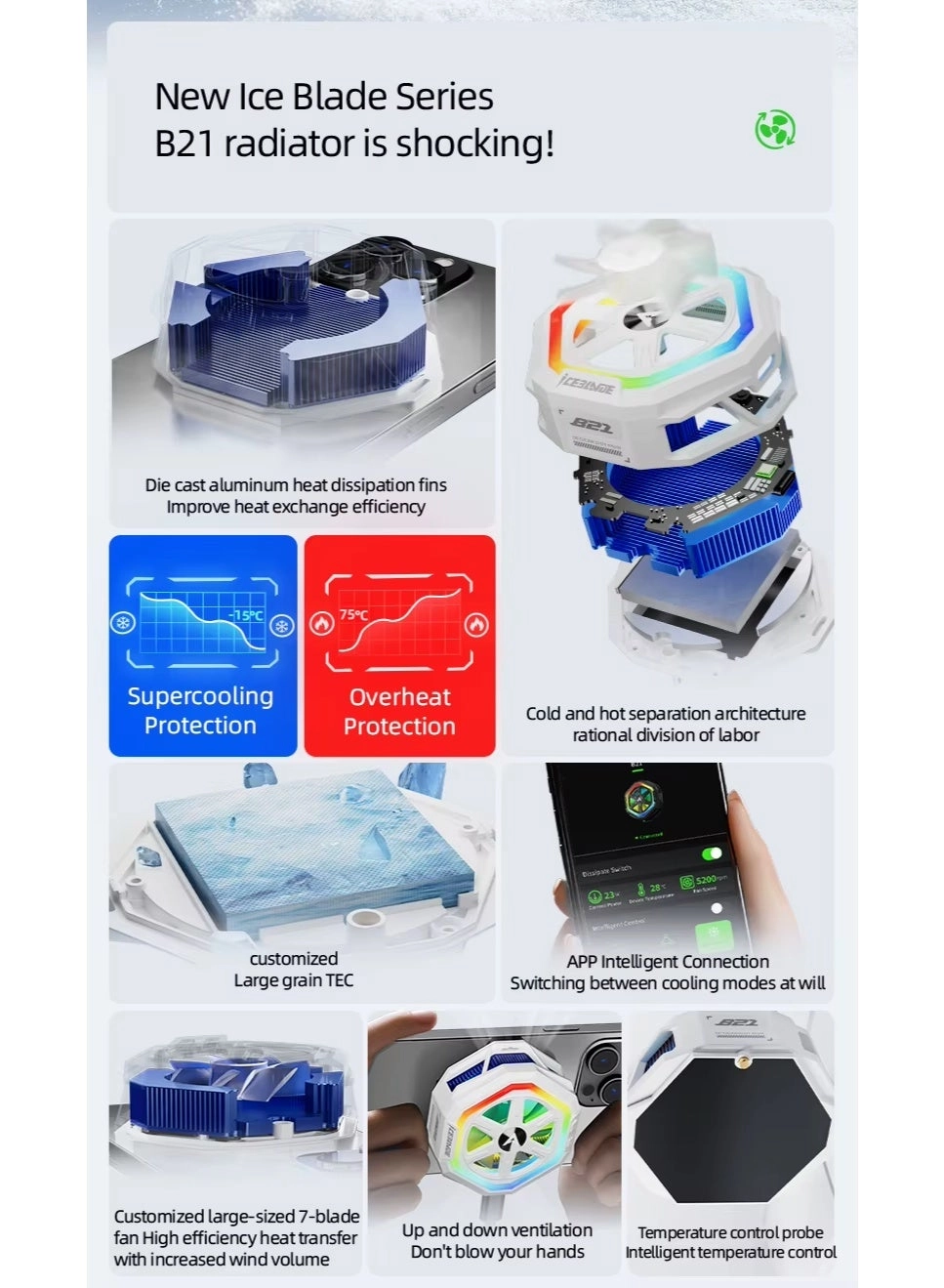 B21 - iPad Cooling Fan 3 Speeds RGB 5000 RPM 23W